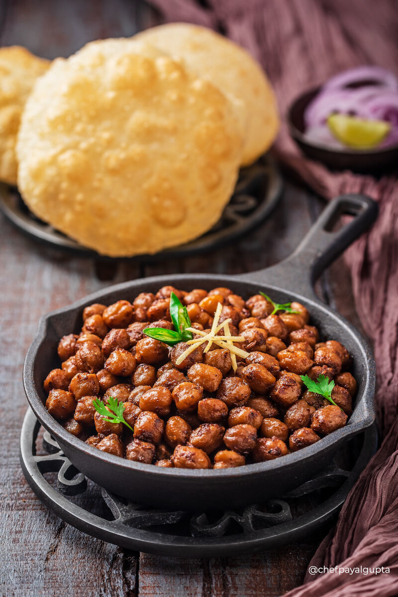 Spicy chickpea with deep fried, fluffy bread, Chana- chole masala with bhature, food photography