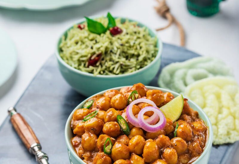 spicy chickpea with rice, channa chawal, masala chole chawal, food photography