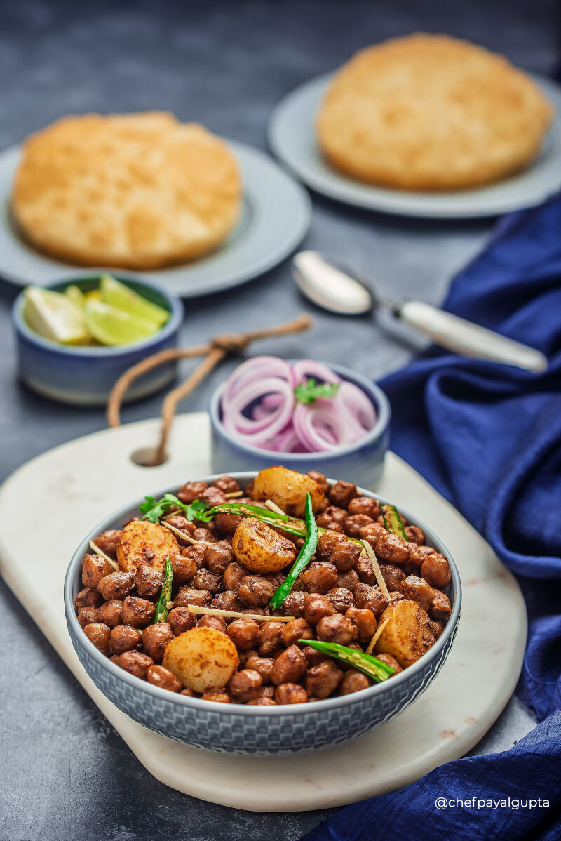 chickpea curry with fluffy bread, Spicy Chana Bhatura, food photography