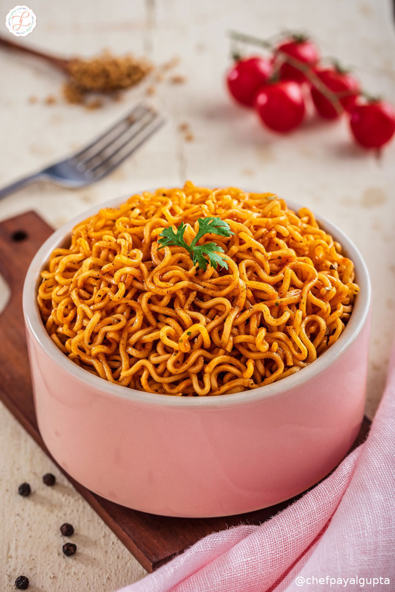 food photography, tomato noodles, spicy red noodles, spicy noodles with tomatoes, chatpata noodles