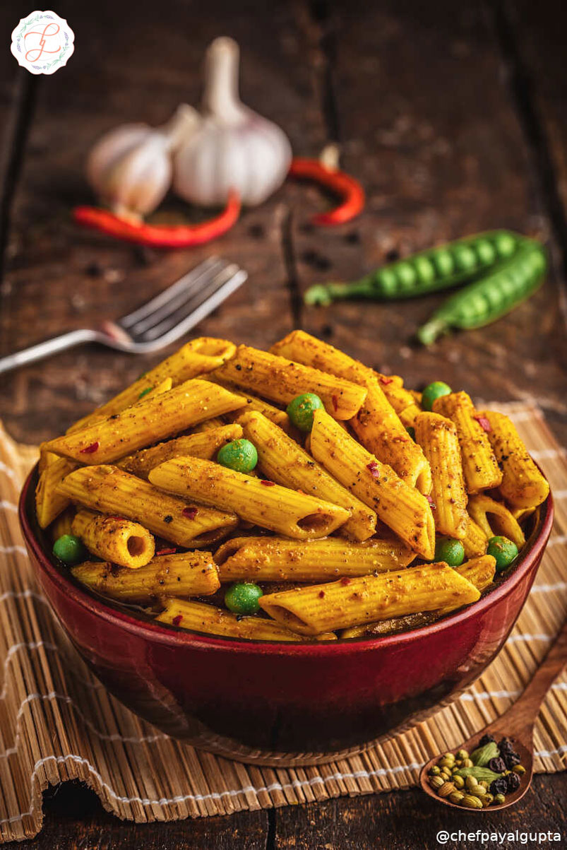 food photography, indian penne pasta dish, masala pasta, indo western pasta, spicy pasta