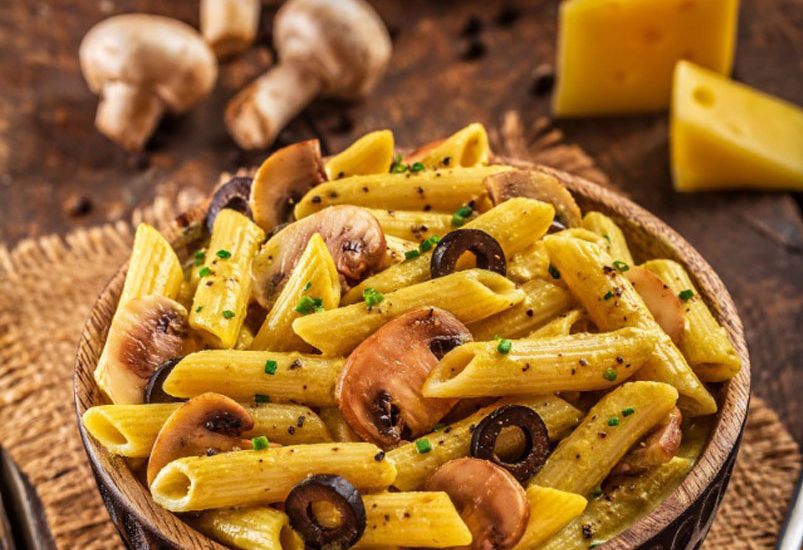 food photography, pasta with mushrooms, mushroom penne pasta, vegetarian pasta