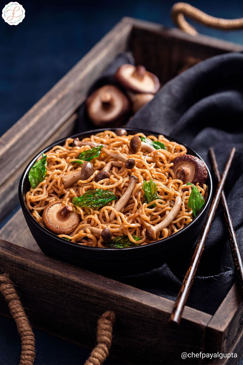 basil noodles, thai noodles, mushroom chowmein, unique veg noodle recipe, food photography