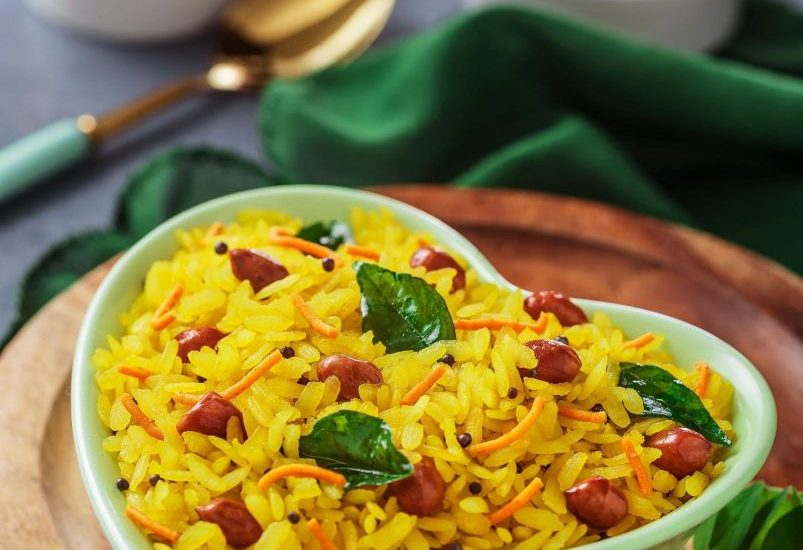 Healthy beaten rice recipe, masala poha, traditional snacks, food photography